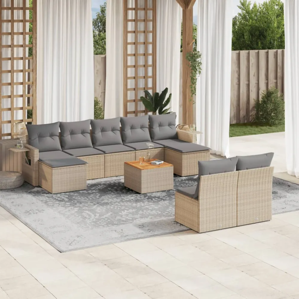 10-delige Loungeset met kussens poly rattan beige vidaXL