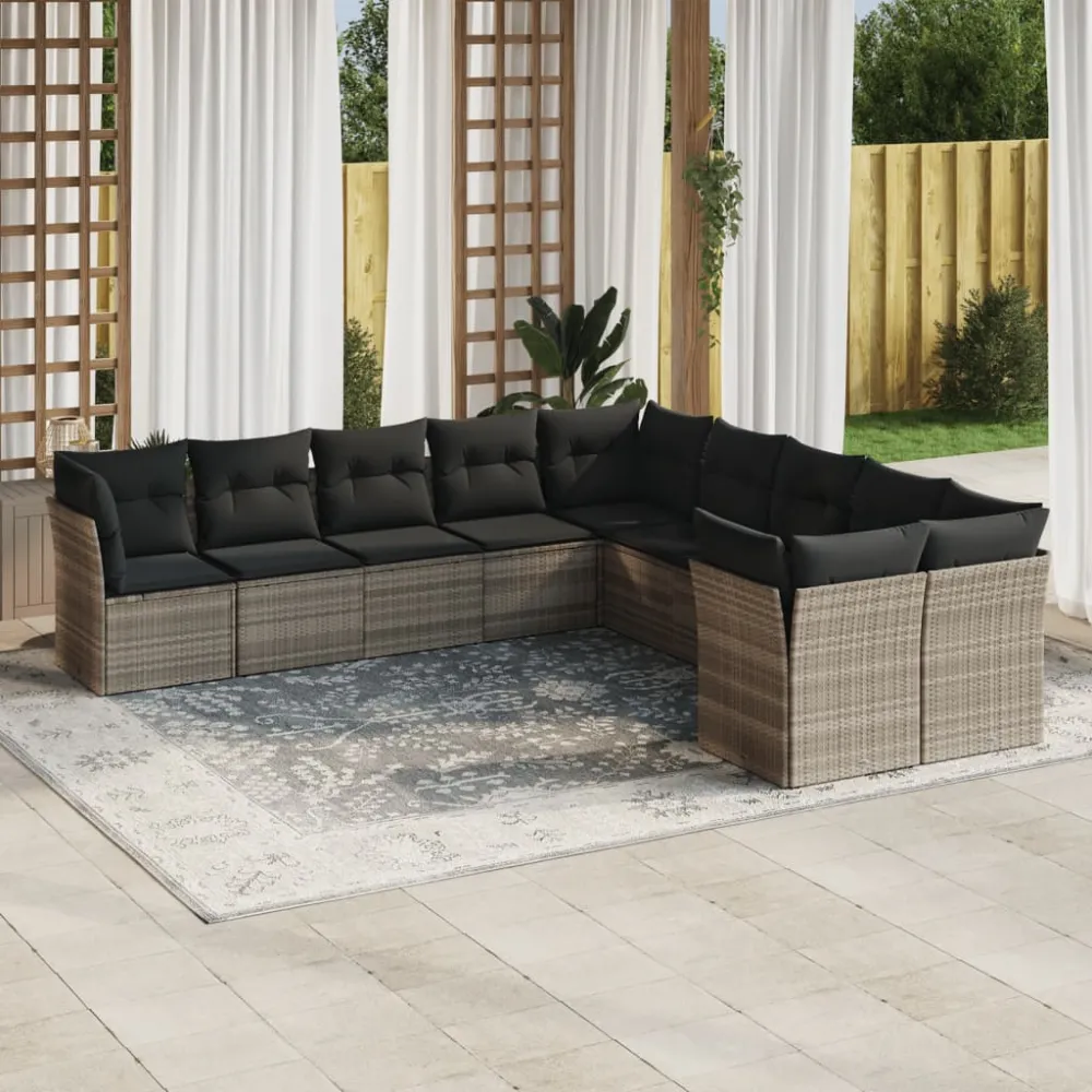 10-delige Loungeset met kussens poly rattan lichtgrijs vidaXL