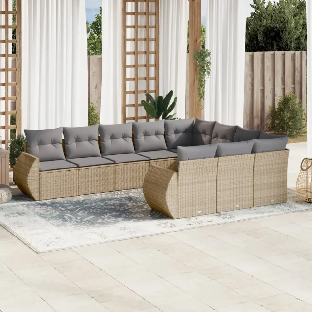 10-delige Loungeset met kussens poly rattan beige vidaXL