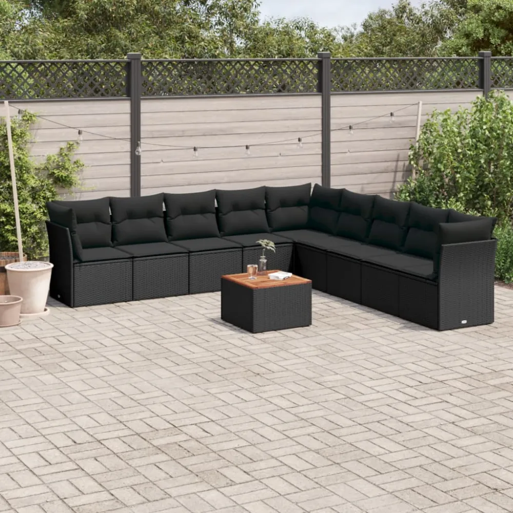 10-delige Loungeset met kussens poly rattan zwart vidaXL