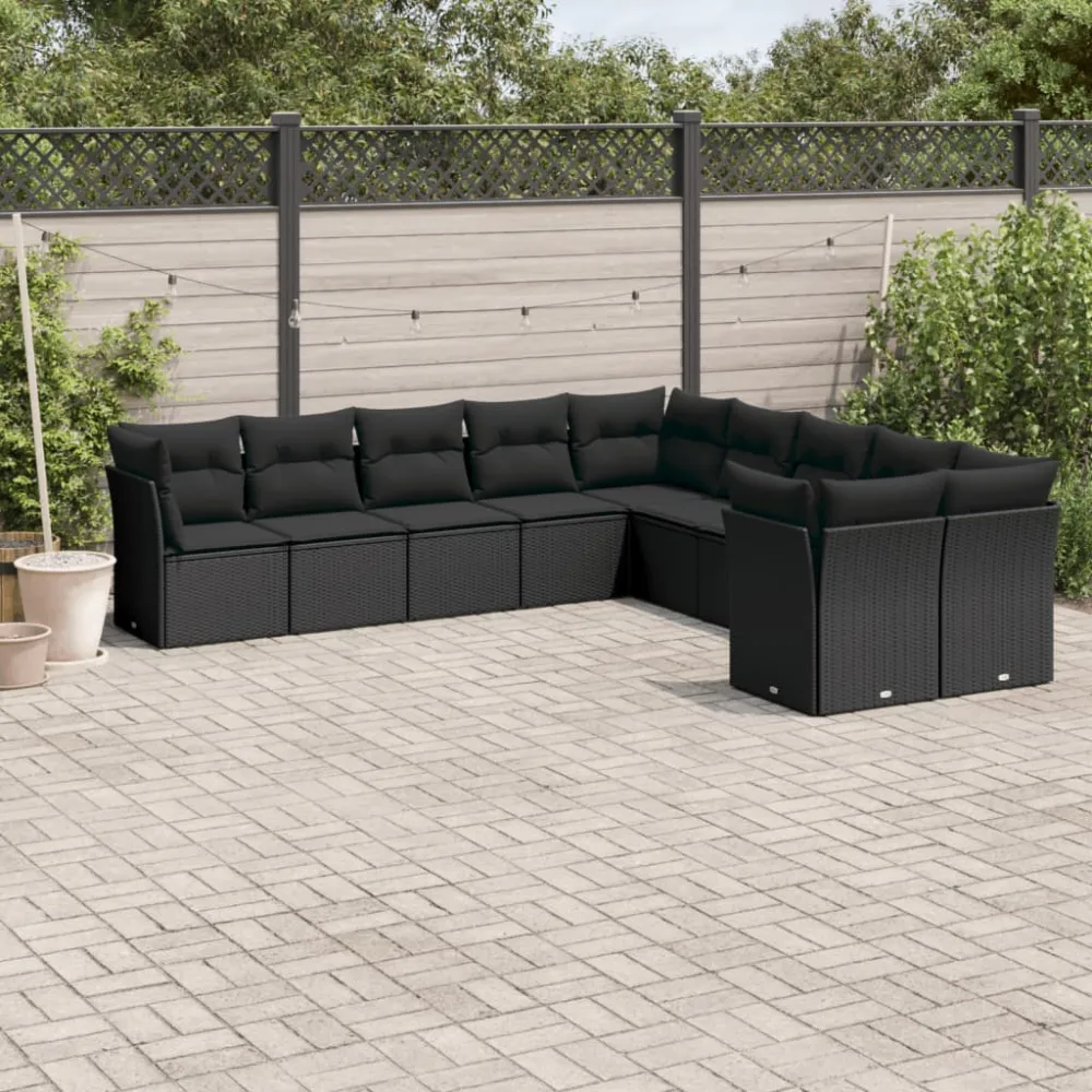 10-delige Loungeset met kussens poly rattan zwart vidaXL