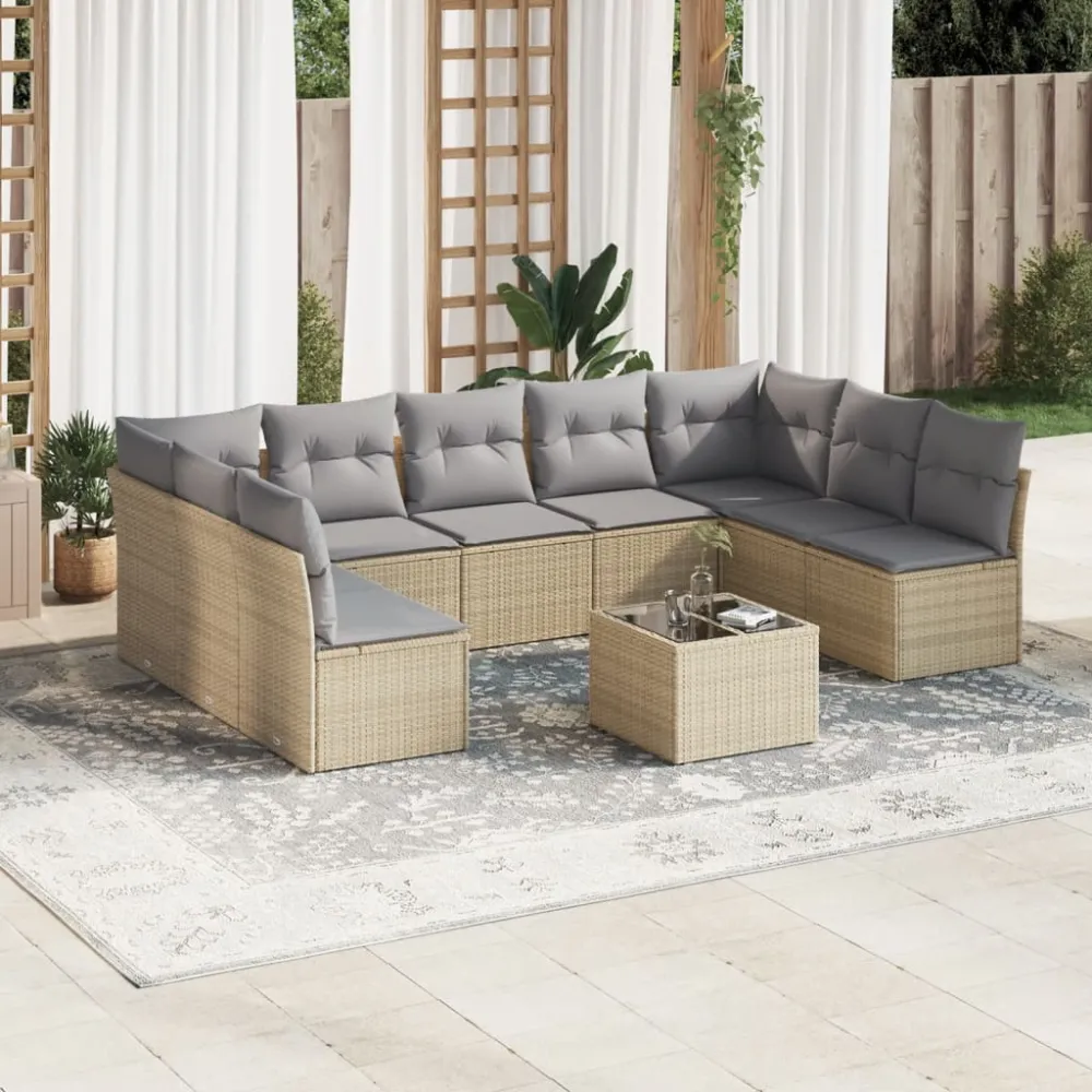 10-delige Loungeset met kussens poly rattan beige vidaXL