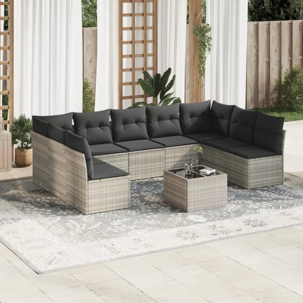 10-delige Loungeset met kussens poly rattan lichtgrijs vidaXL