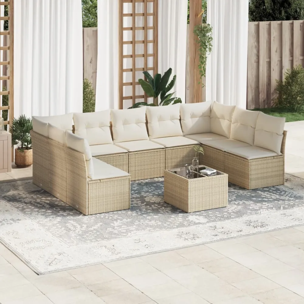 10-delige Loungeset met kussens poly rattan beige vidaXL