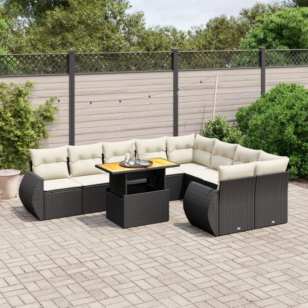 10-delige Loungeset met kussens poly rattan zwart vidaXL