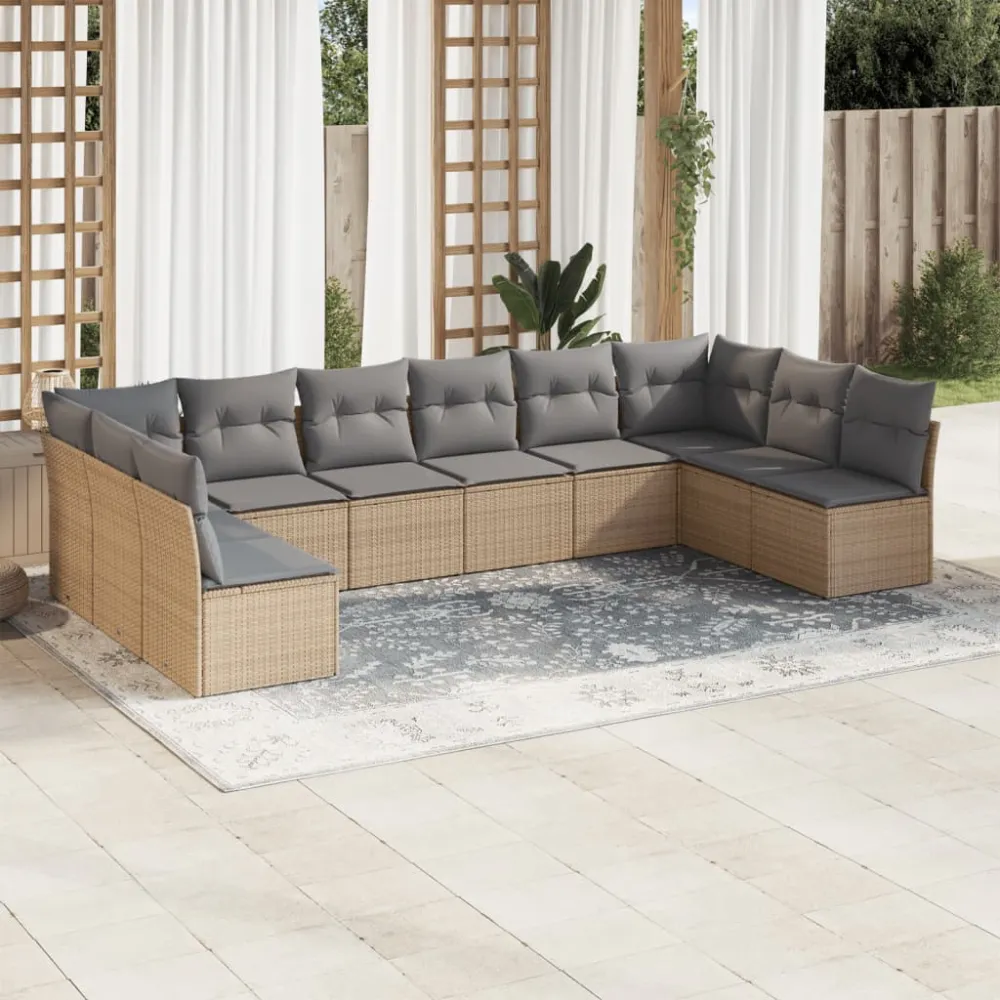 10-delige Loungeset met kussens poly rattan beige vidaXL