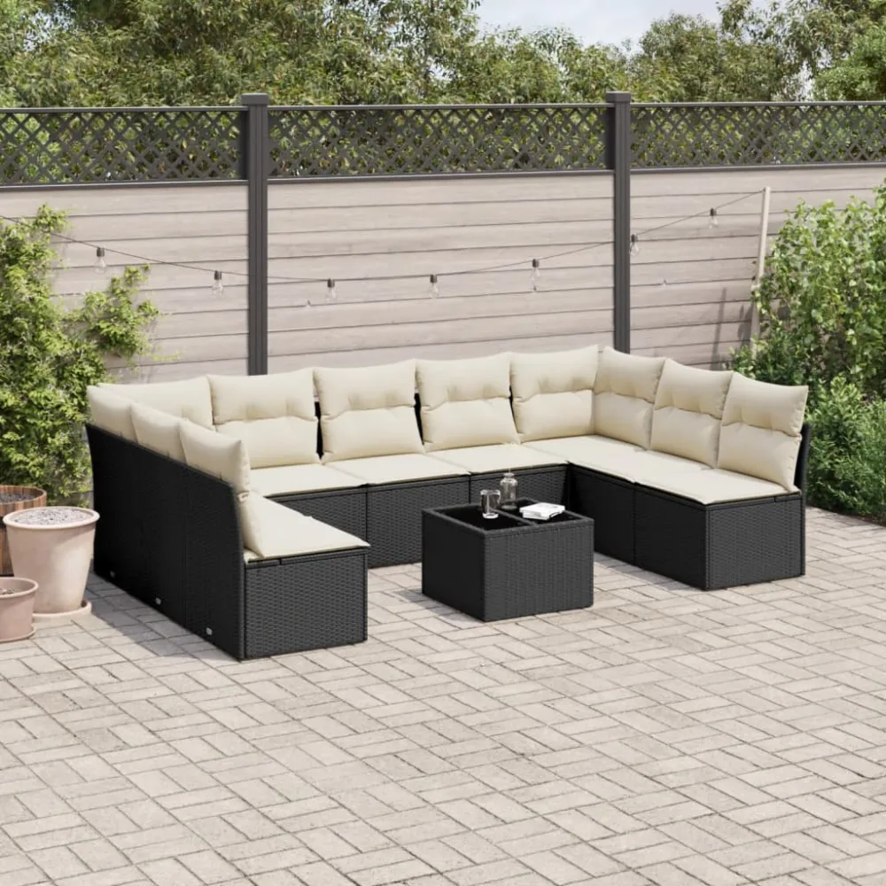 10-delige Loungeset met kussens poly rattan zwart vidaXL
