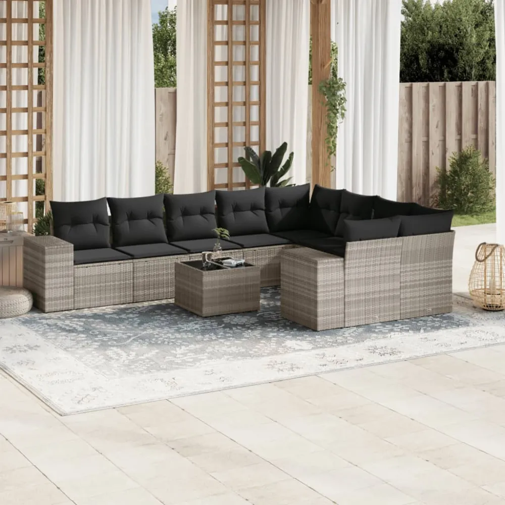 10-delige Loungeset met kussens poly rattan lichtgrijs vidaXL