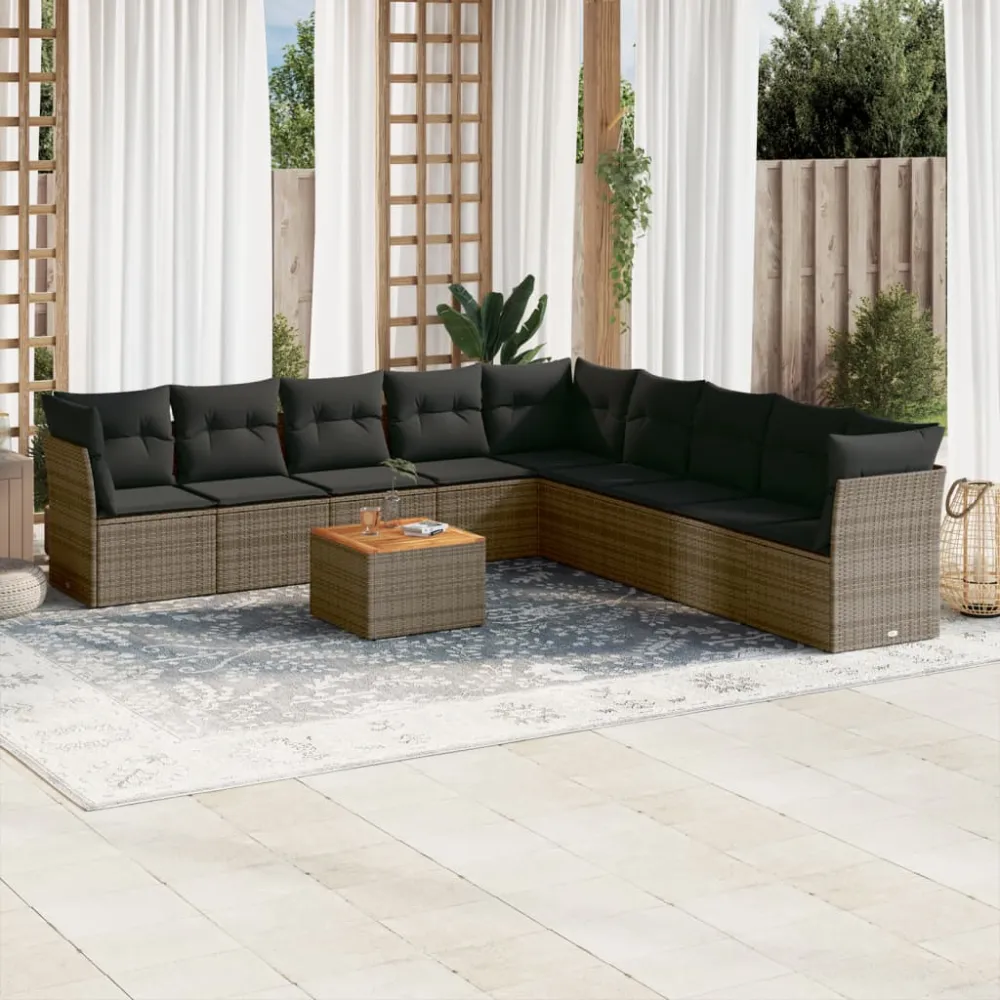 10-delige Loungeset met kussens poly rattan grijs vidaXL