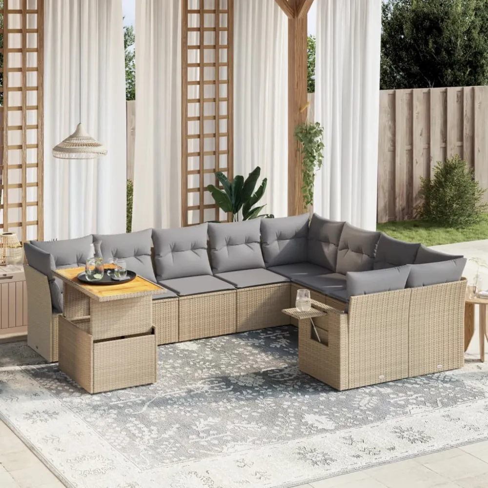 10-delige Loungeset met kussens poly rattan beige vidaXL