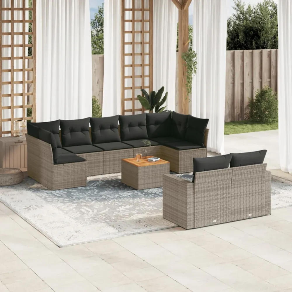 10-delige Loungeset met kussens poly rattan grijs vidaXL
