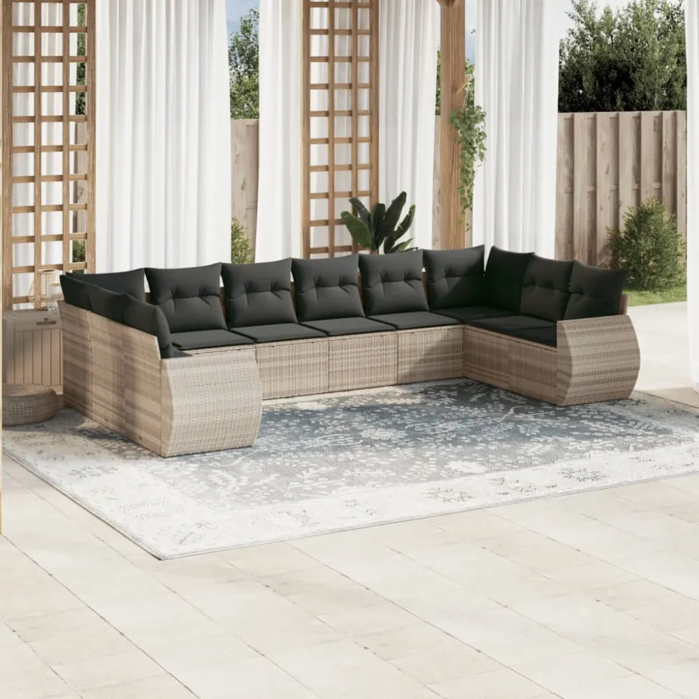 10-delige Loungeset met kussens poly rattan lichtgrijs vidaXL