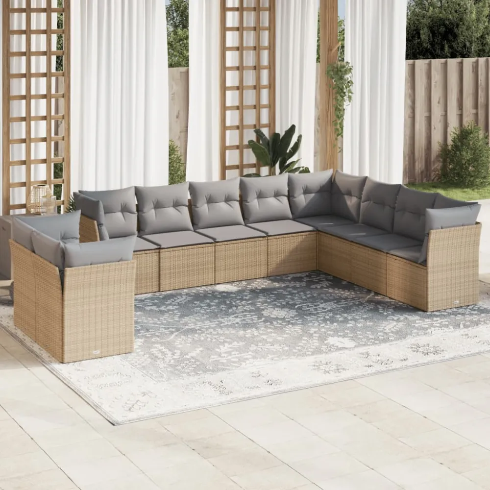 10-delige Loungeset met kussens poly rattan beige vidaXL