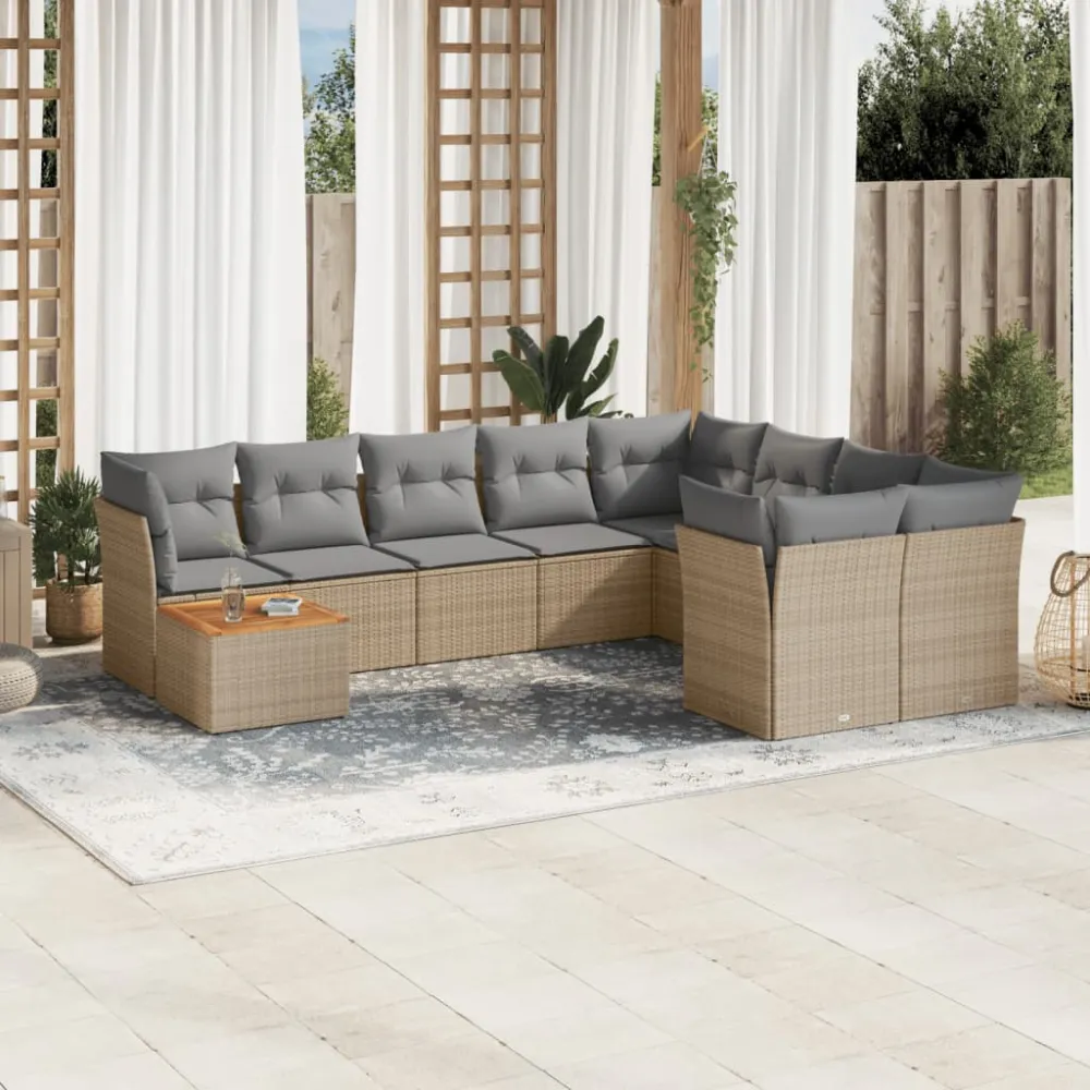 10-delige Loungeset met kussens poly rattan beige vidaXL