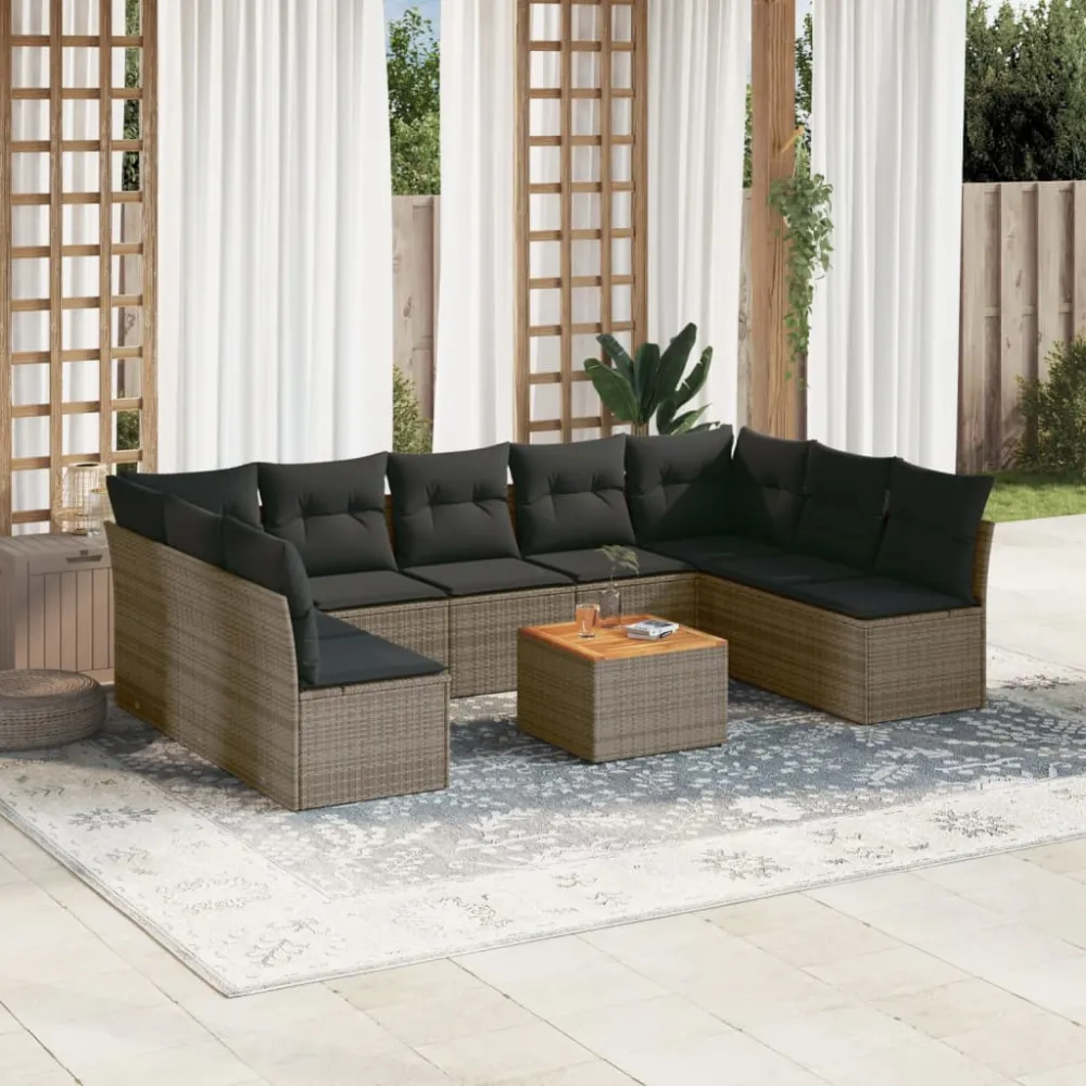 10-delige Loungeset met kussens poly rattan grijs vidaXL