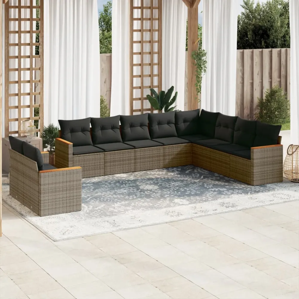 10-delige Loungeset met kussens poly rattan grijs vidaXL