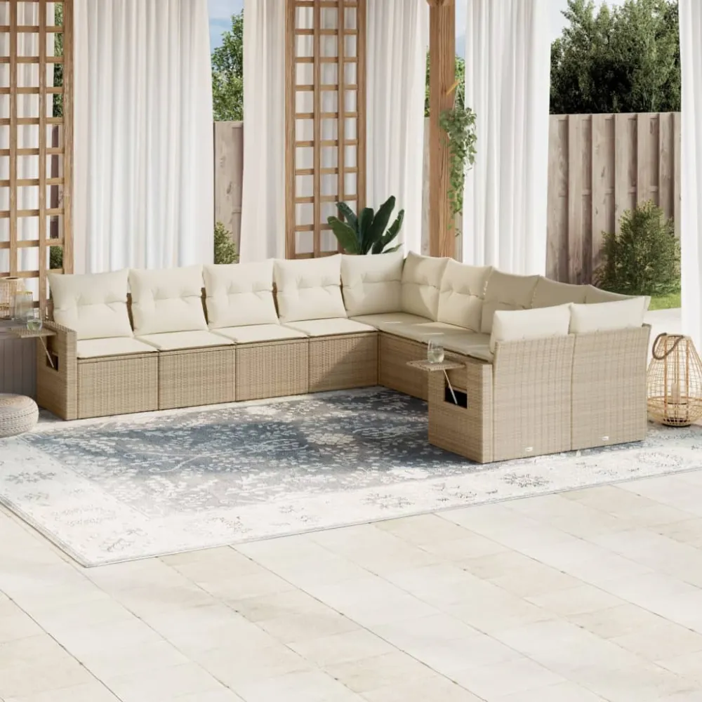 10-delige Loungeset met kussens poly rattan beige vidaXL