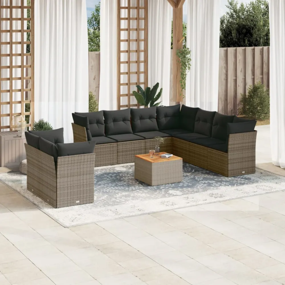 10-delige Loungeset met kussens poly rattan grijs vidaXL