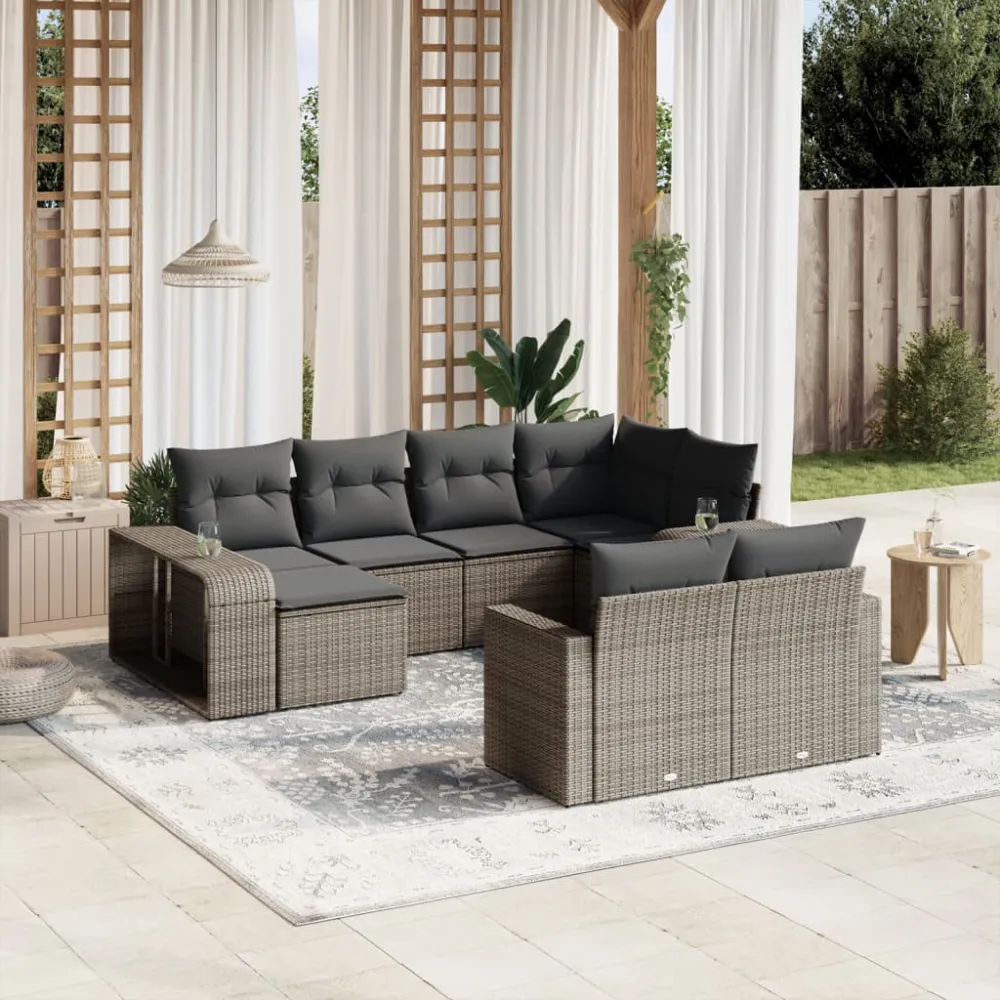 10-delige Loungeset met kussens poly rattan grijs vidaXL