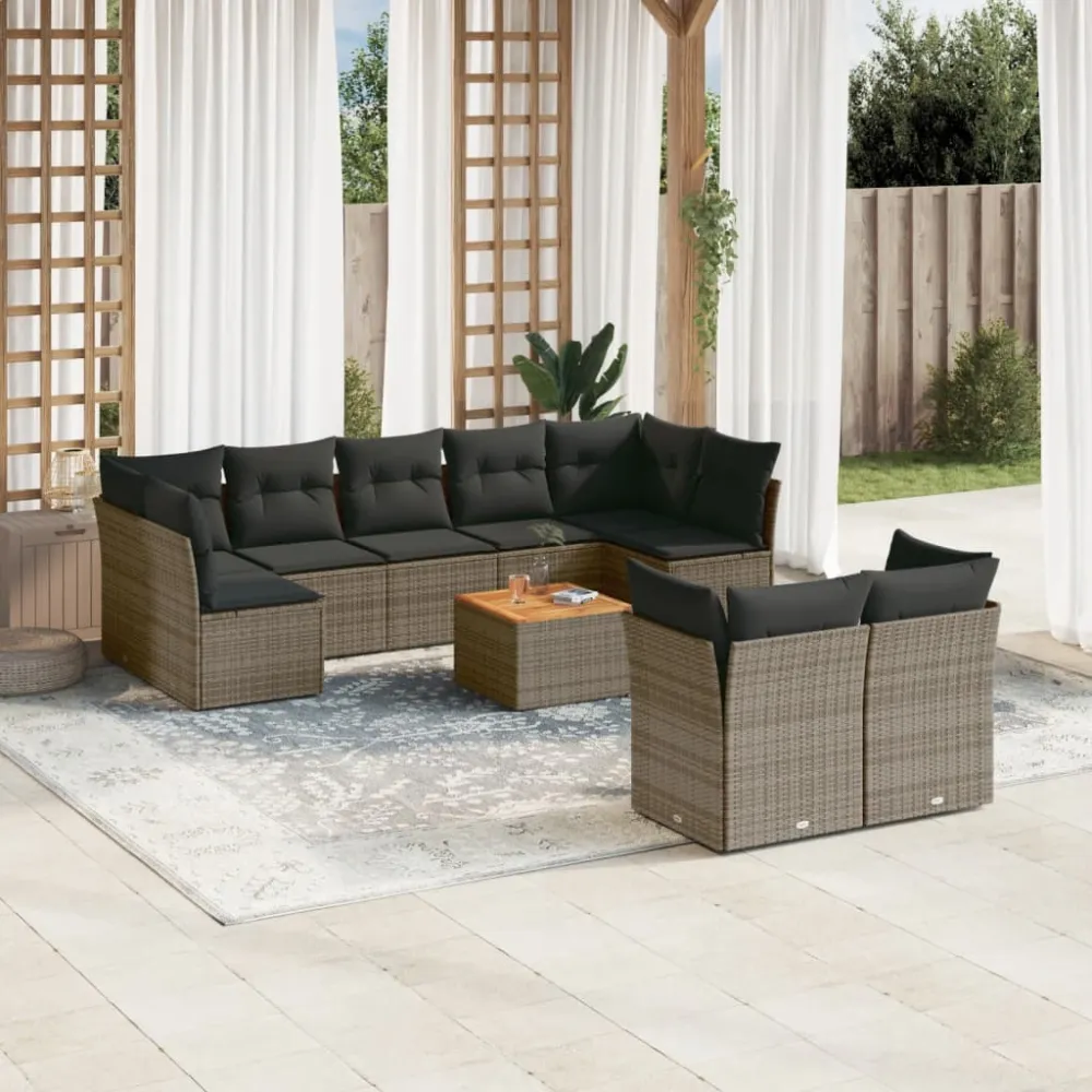 10-delige Loungeset met kussens poly rattan grijs vidaXL