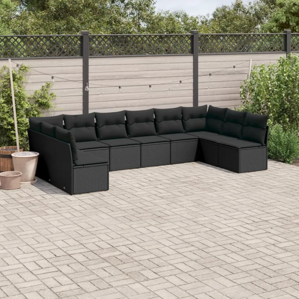 10-delige Loungeset met kussens poly rattan zwart vidaXL