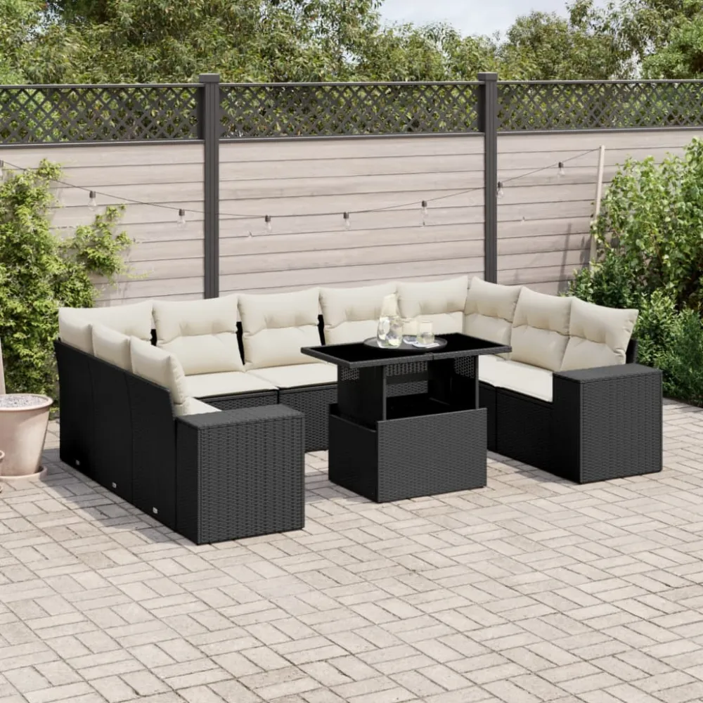 10-delige Loungeset met kussens poly rattan zwart vidaXL