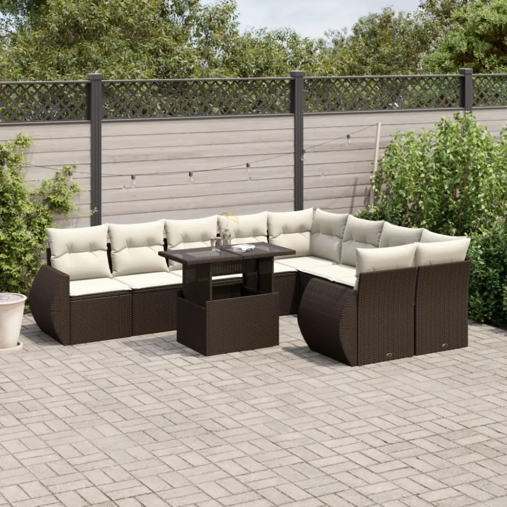 10-delige Loungeset met kussens poly rattan bruin vidaXL