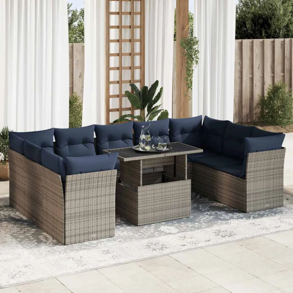 10-delige Loungeset met kussens poly rattan acacia grijs vidaXL