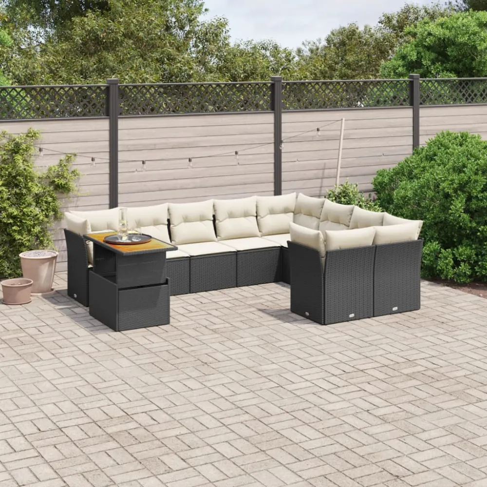 10-delige Loungeset met kussens poly rattan zwart vidaXL