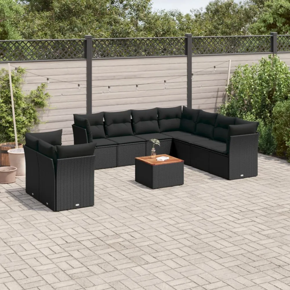 10-delige Loungeset met kussens poly rattan zwart vidaXL