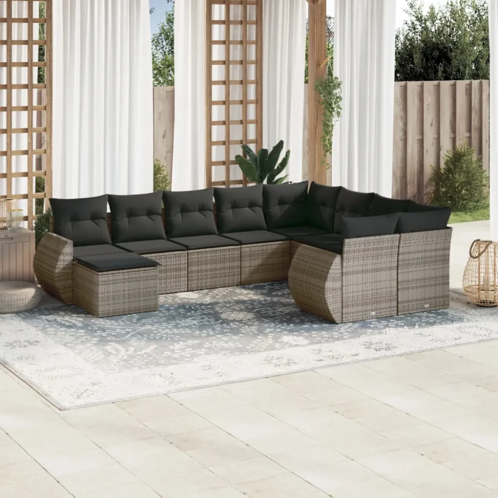 10-delige Loungeset met kussens poly rattan grijs vidaXL