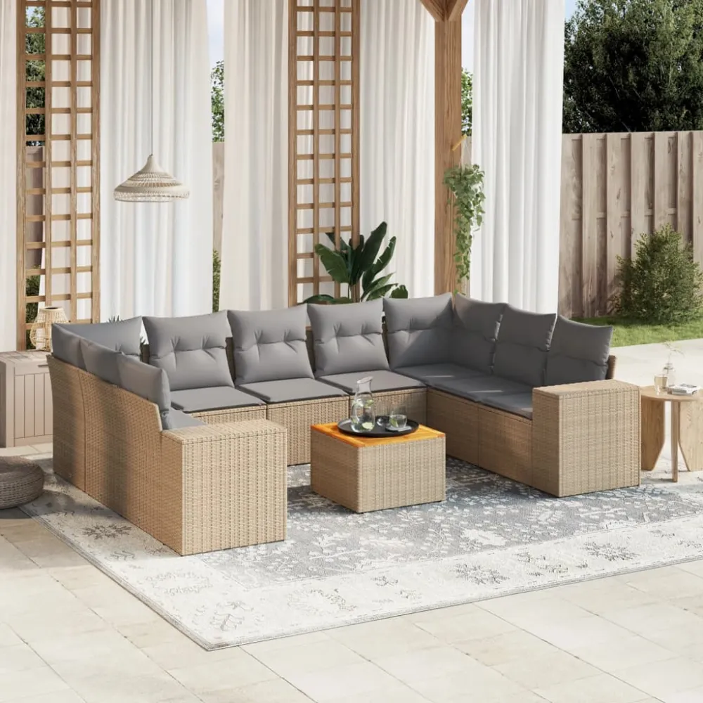 10-delige Loungeset met kussens poly rattan beige vidaXL