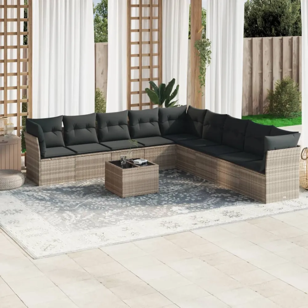 10-delige Loungeset met kussens poly rattan lichtgrijs vidaXL