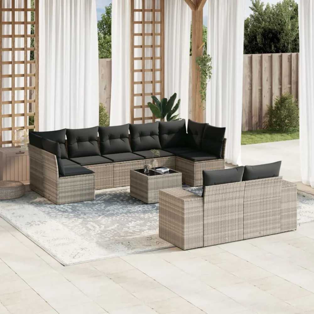 10-delige Loungeset met kussens poly rattan lichtgrijs vidaXL