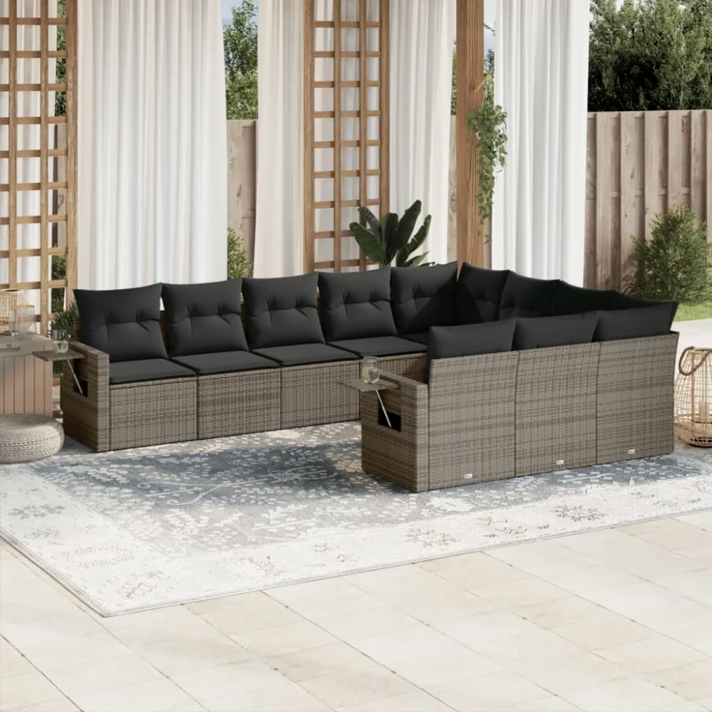 10-delige Loungeset met kussens poly rattan grijs vidaXL