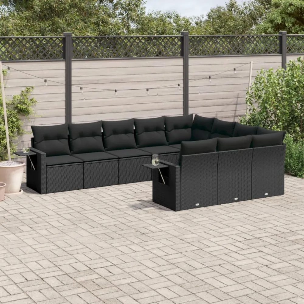 10-delige Loungeset met kussens poly rattan zwart vidaXL