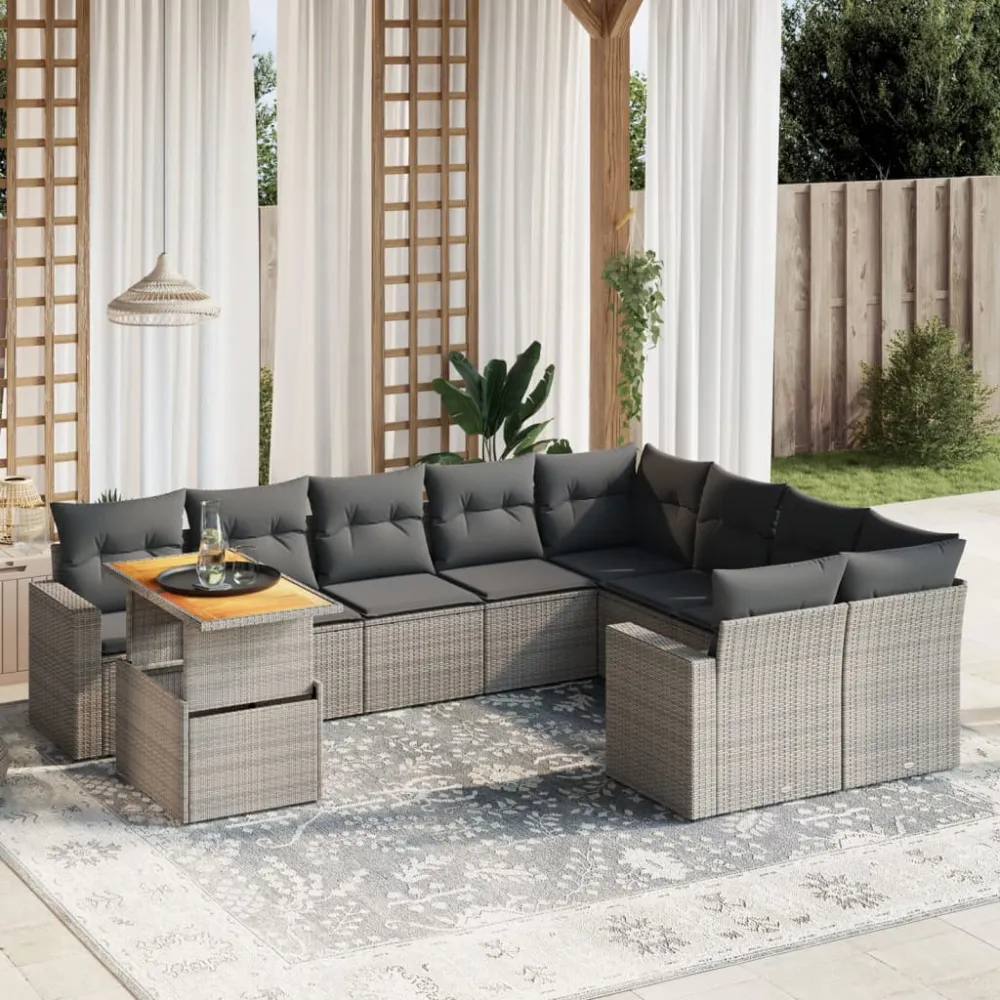 10-delige Loungeset met kussens poly rattan grijs vidaXL