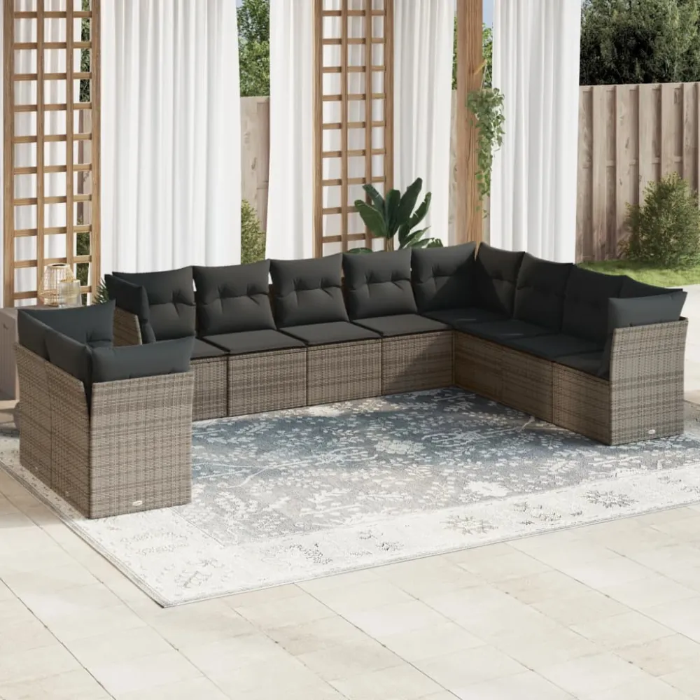 10-delige Loungeset met kussens poly rattan grijs vidaXL