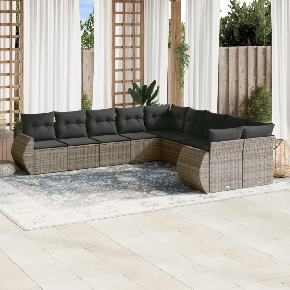 10-delige Loungeset met kussens poly rattan grijs vidaXL