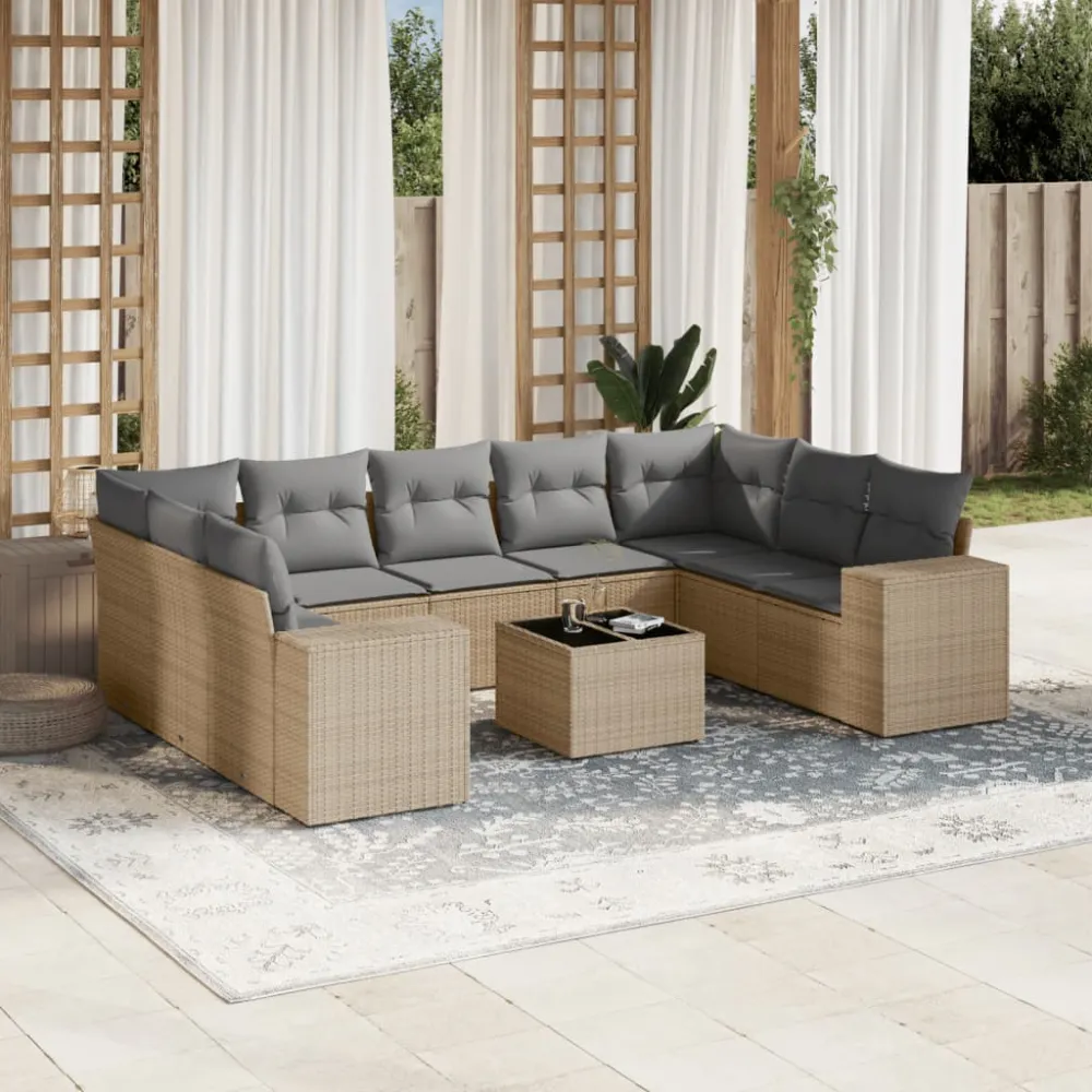 10-delige Loungeset met kussens poly rattan beige vidaXL