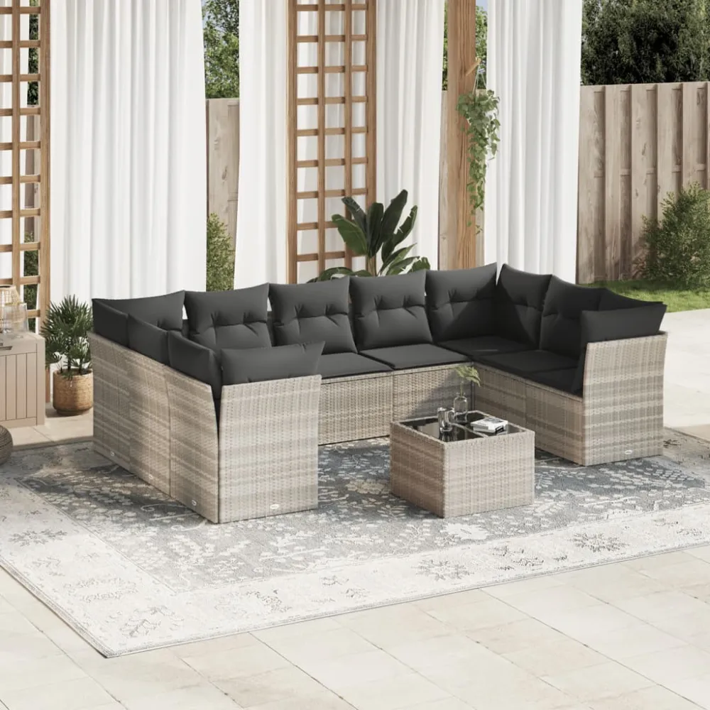 10-delige Loungeset met kussens poly rattan lichtgrijs vidaXL