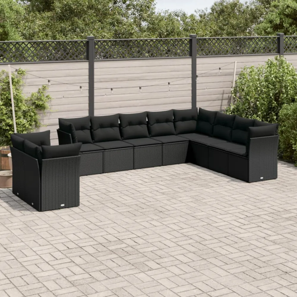 10-delige Loungeset met kussens poly rattan zwart vidaXL