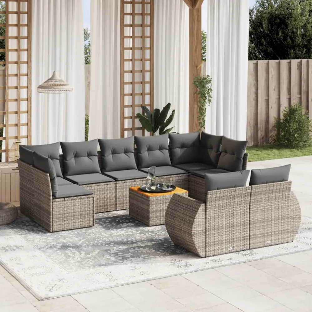 10-delige Loungeset met kussens poly rattan grijs vidaXL