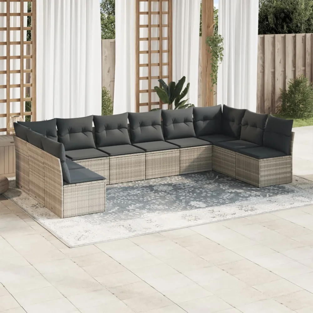 10-delige Loungeset met kussens poly rattan lichtgrijs vidaXL