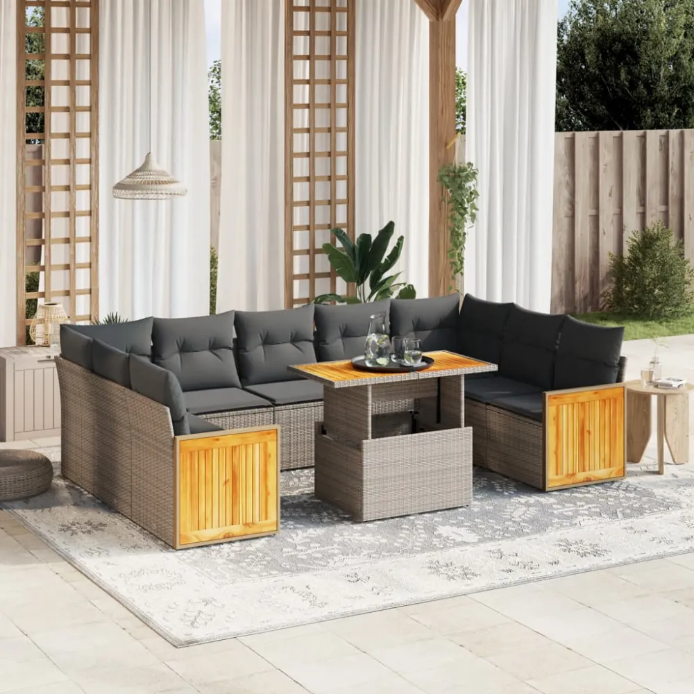 10-delige Loungeset met kussens poly rattan grijs vidaXL
