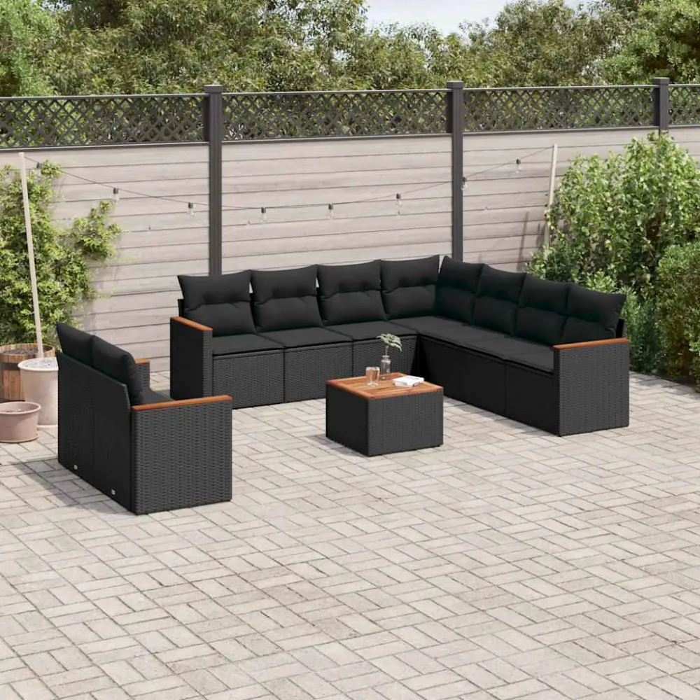 10-delige Loungeset met kussens poly rattan zwart vidaXL