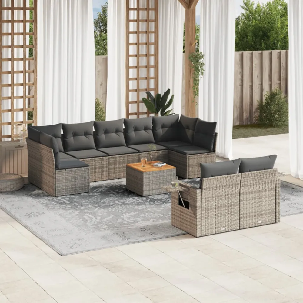 10-delige Loungeset met kussens poly rattan grijs vidaXL