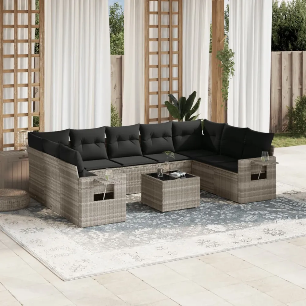 10-delige Loungeset met kussens poly rattan lichtgrijs vidaXL