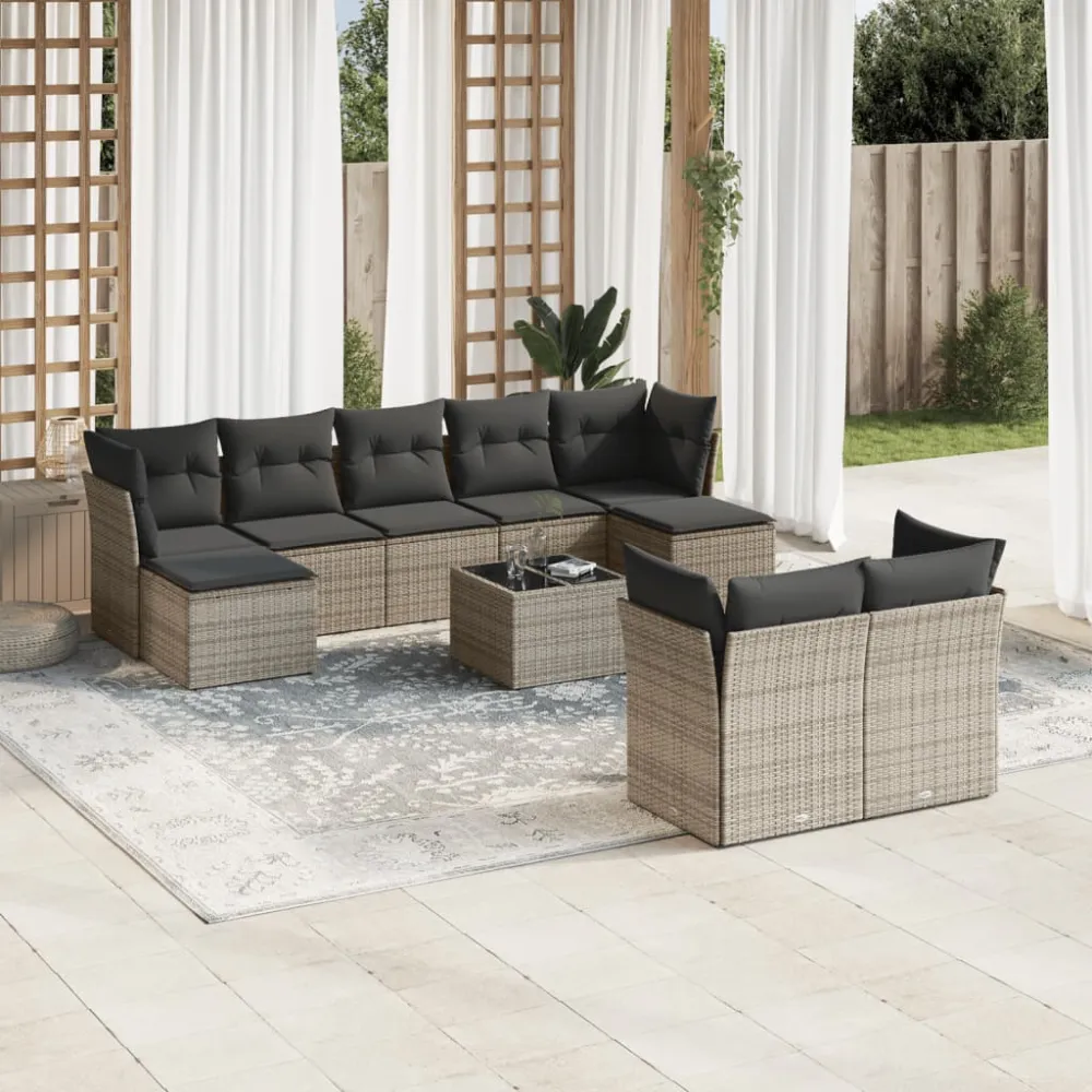 10-delige Loungeset met kussens poly rattan grijs vidaXL