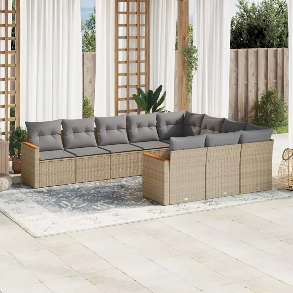 10-delige Loungeset met kussens poly rattan gemengd beige vidaXL